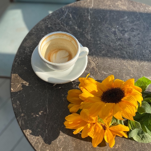 An empty coffee cup and saucer on a tabletop