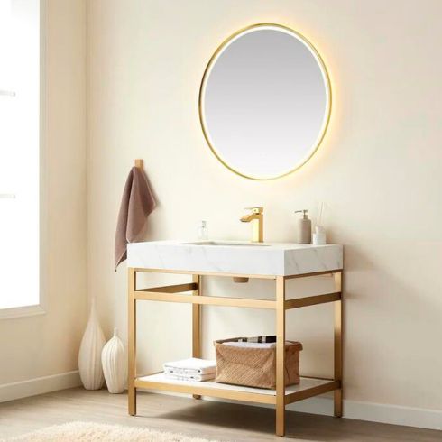 Modern bathroom with gold/brass and white open vanity