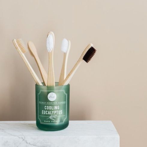 wooden toothbrushes in small green container