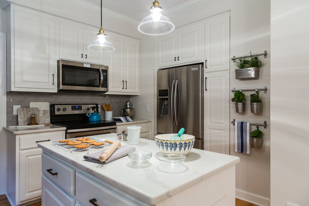 Small white kitchen with mounted hanging herb garden.