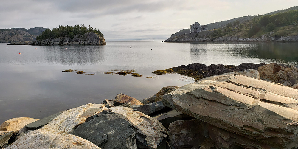 Looking out at Brigus Bay Newfoundland, and a view of Molly’s island. Rocky terrain.