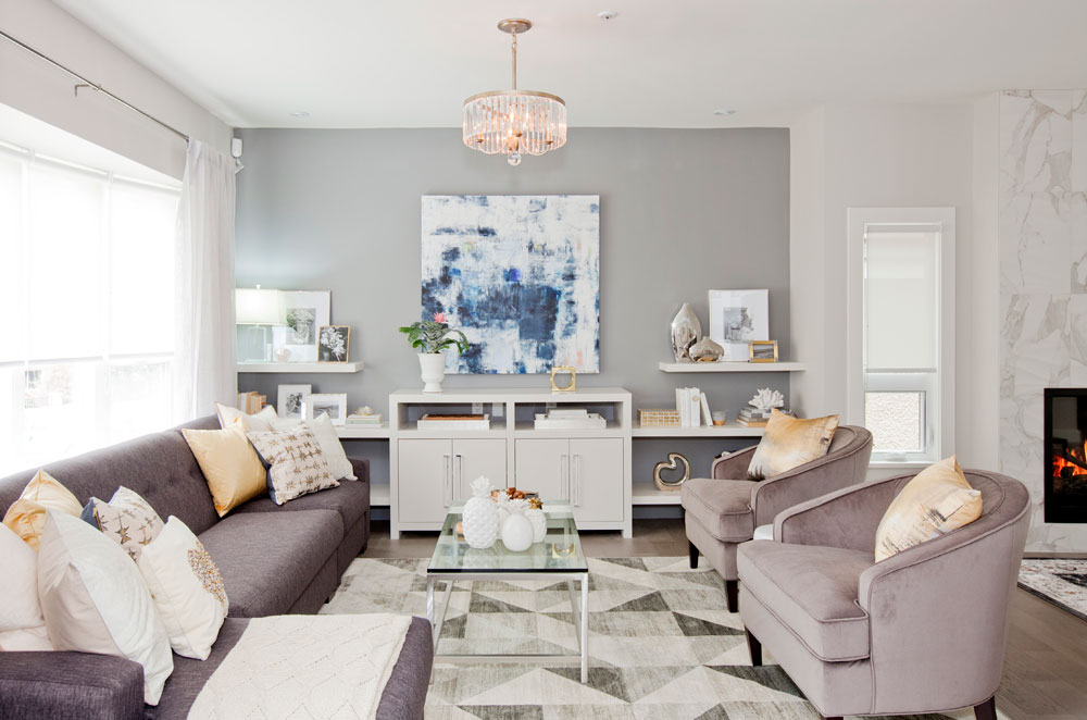 Grey living room design with conversational seating arrangement.