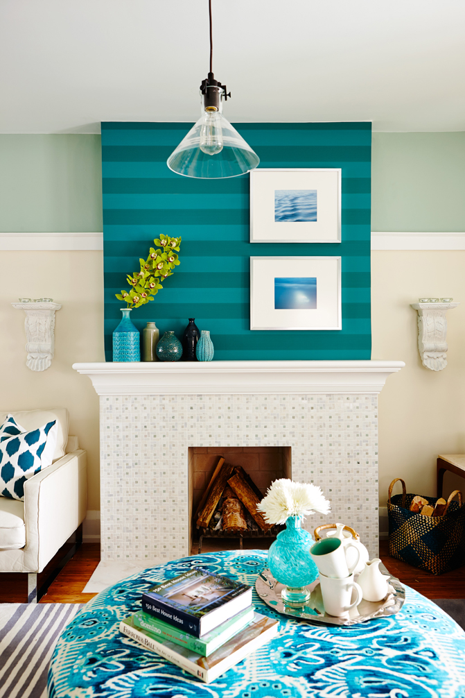 Living room fireplace mantel with stripes on top, squares on the bottom.