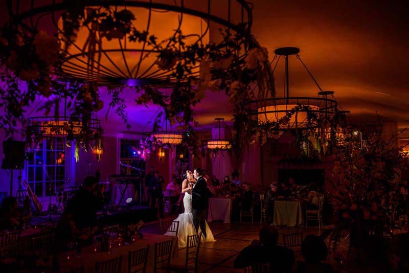 Ballroom decorated at night with mood lighting