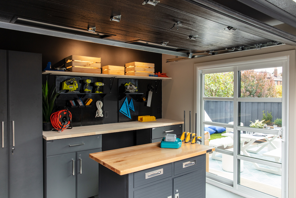 garage workshop with glass door and organized wall