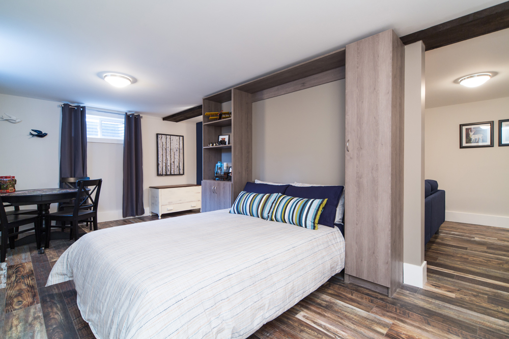 Murphy bed in snazzy basement bedroom