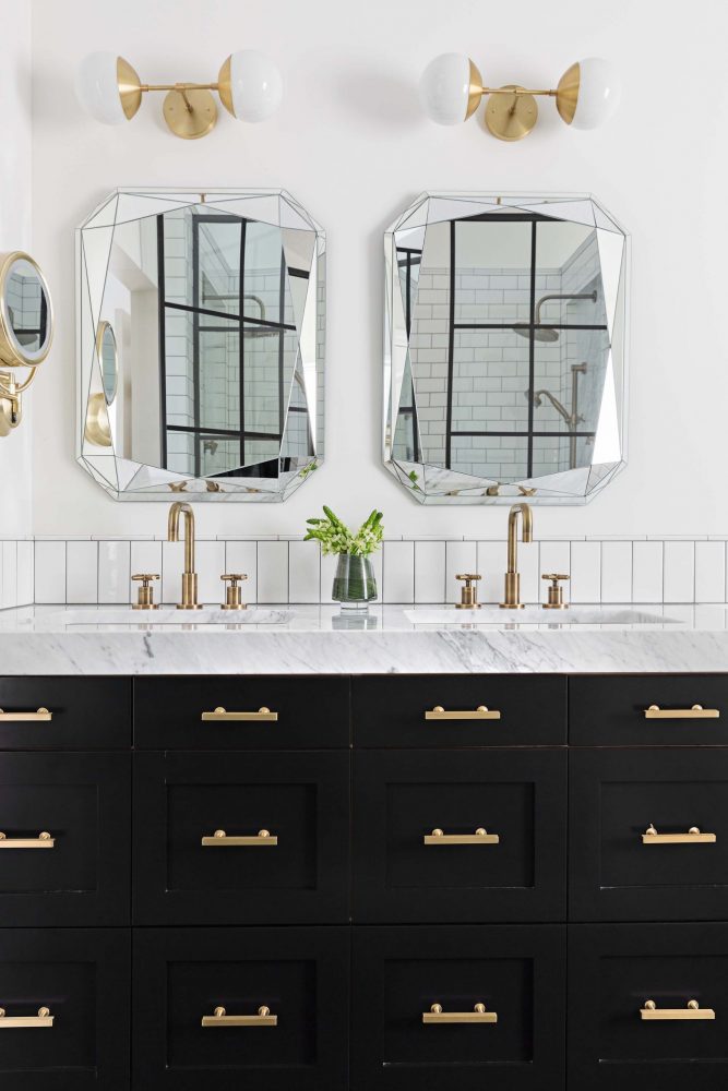 Chic black bathroom vanity with brass pulls