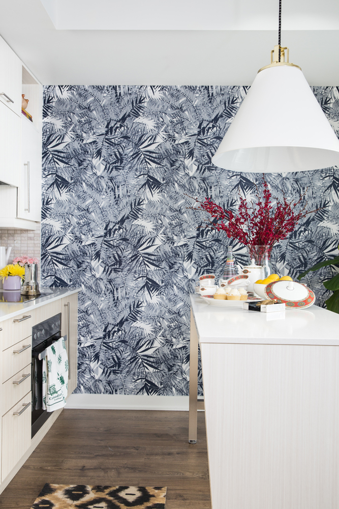 Christian Lacroix designer blue wallpaper in kitchen