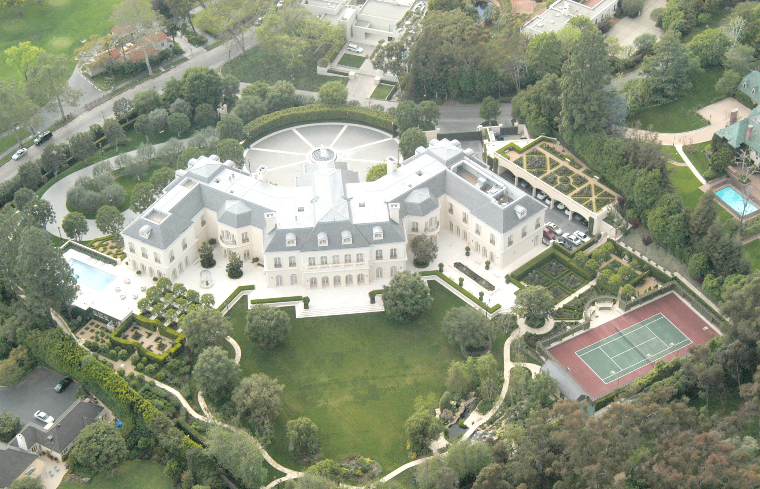 An exterior of the famous Spelling mansion, 14 bedrooms, 27 bathrooms and the infamous gift-wrapping room