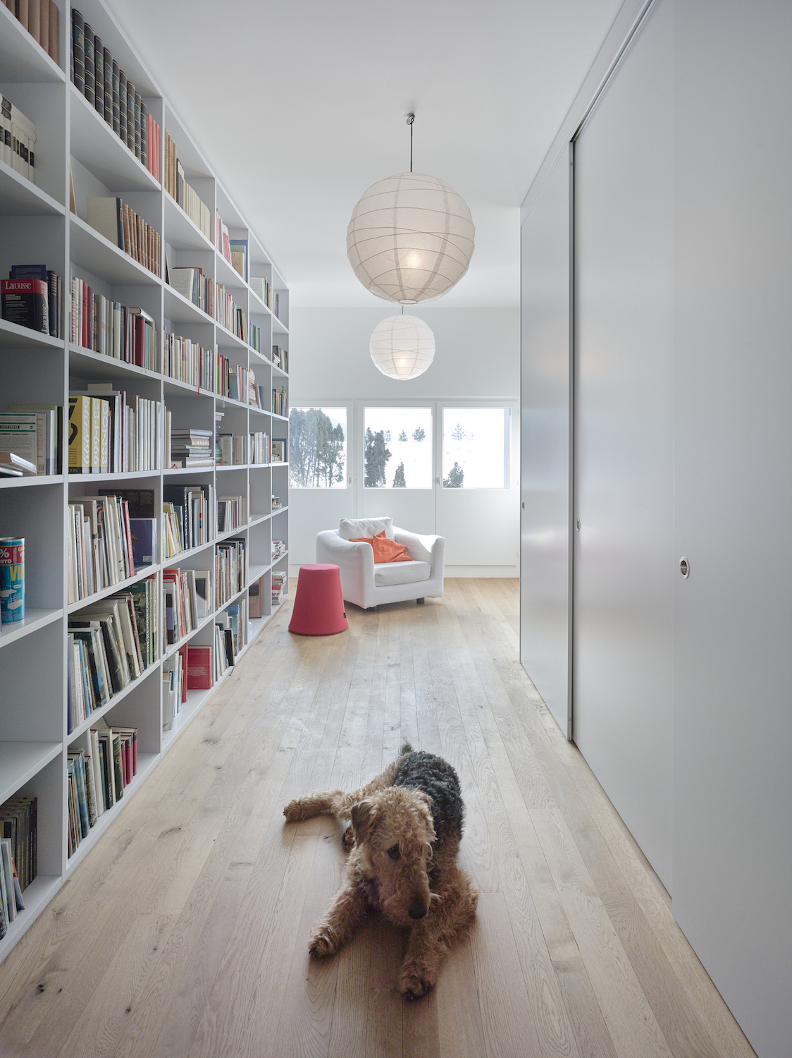 Linear bookshelf leading to room with lots of windows