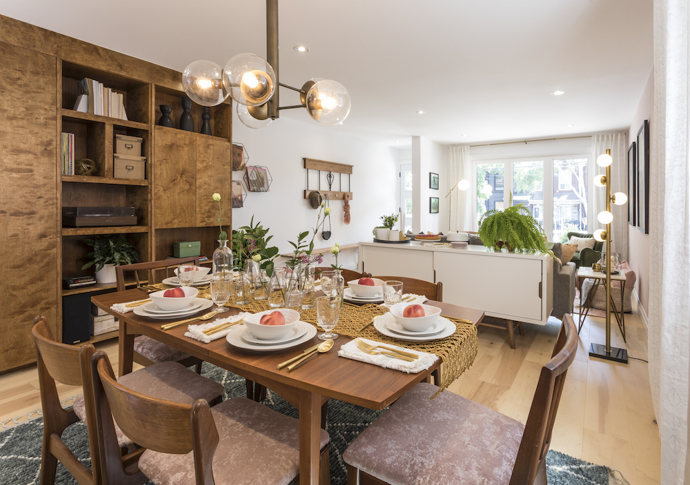 Teak dining set with six chairs covered in pink crushed velvet