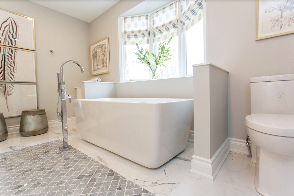 White bathroom with grey floor tile