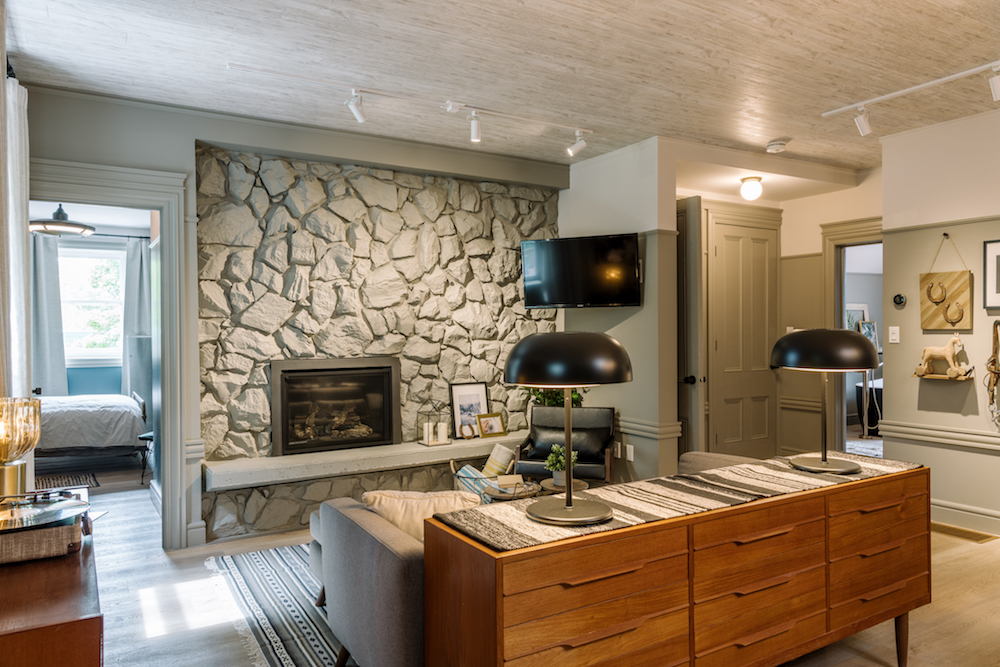 grey stone fireplace wall