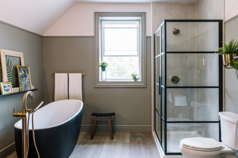 grey and white modern bathroom with matte black finishes