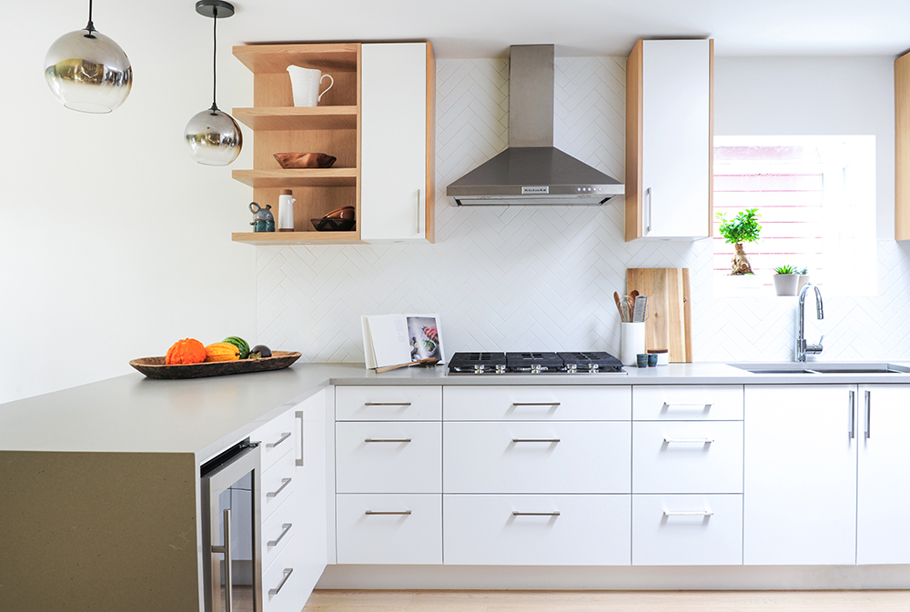 Modern white and wood kitchen with a Scandi-chic feel.