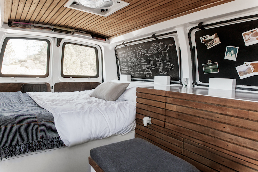 white camper van with chalkboard walls