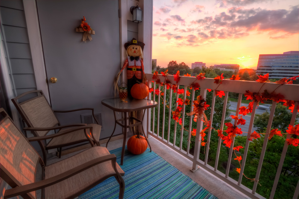 Area rug on a balcony at sunset