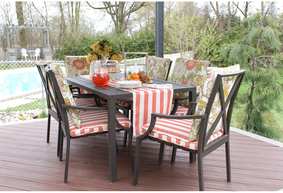 Peach-tinted table cloth for backyard patio furniture