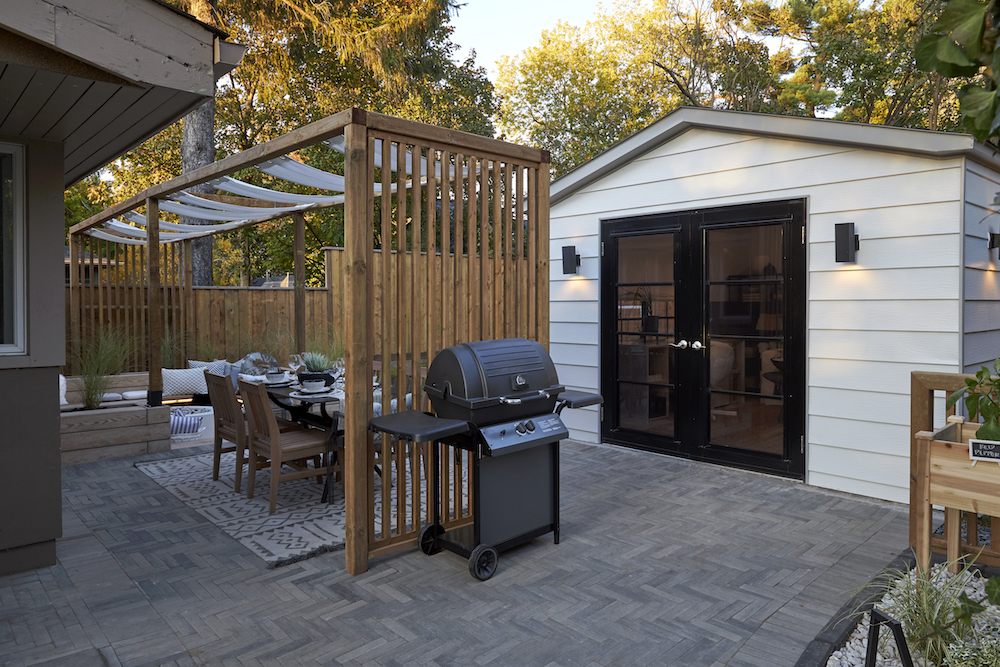 a dining space with pergola