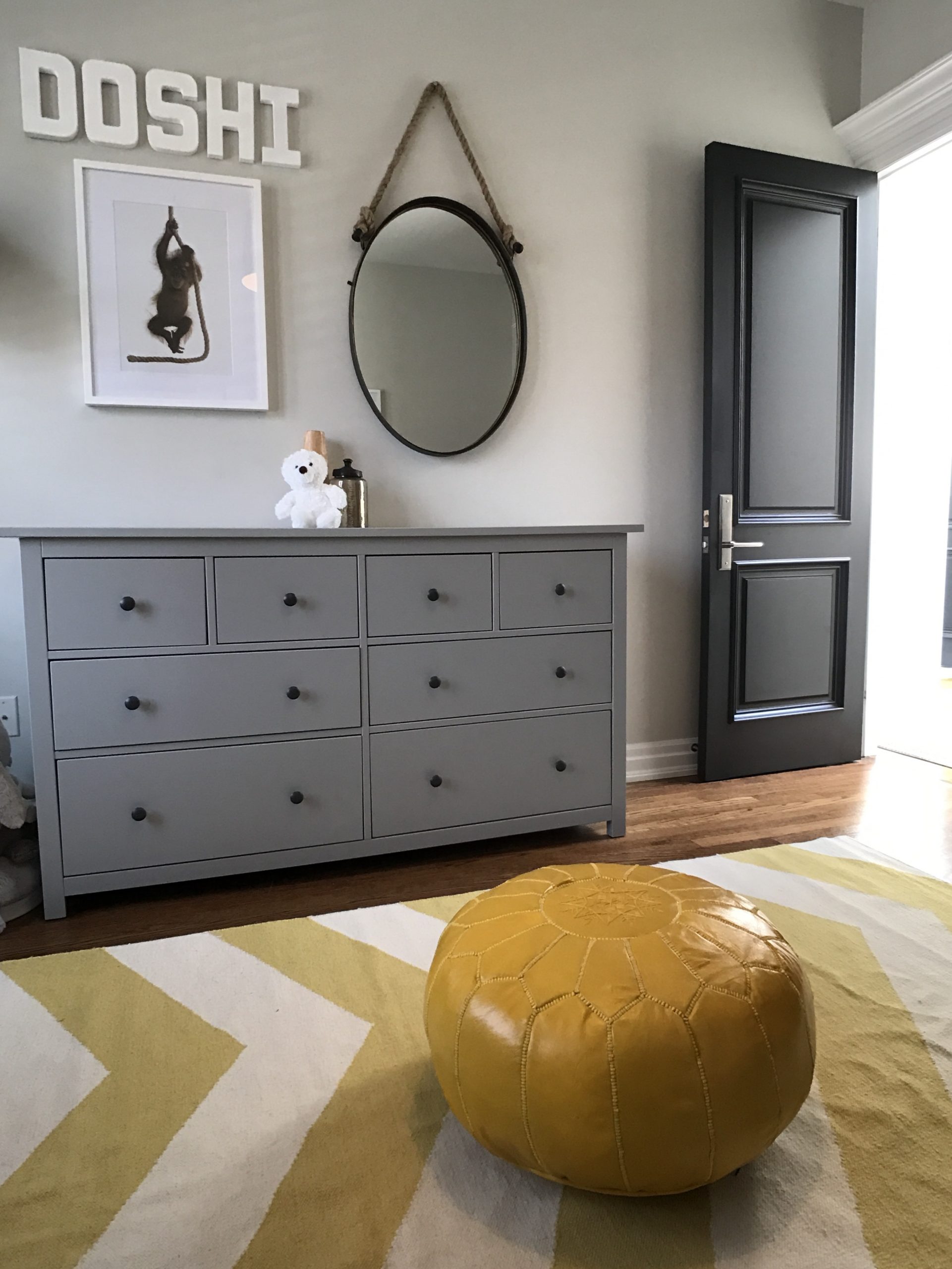 Grey, yellow and black kids' room design.