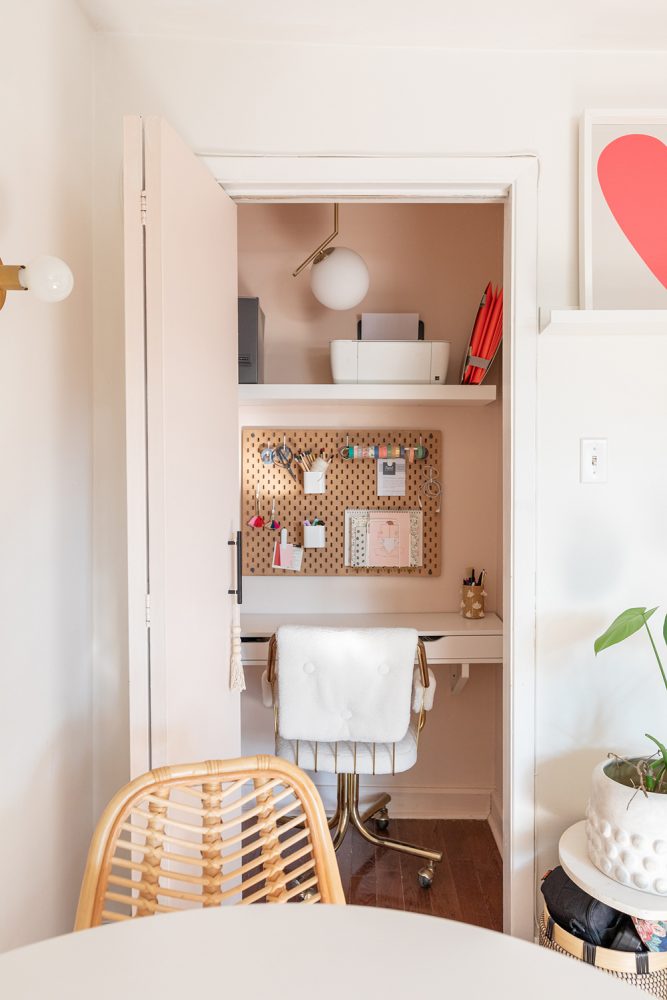 pink home office in a closset