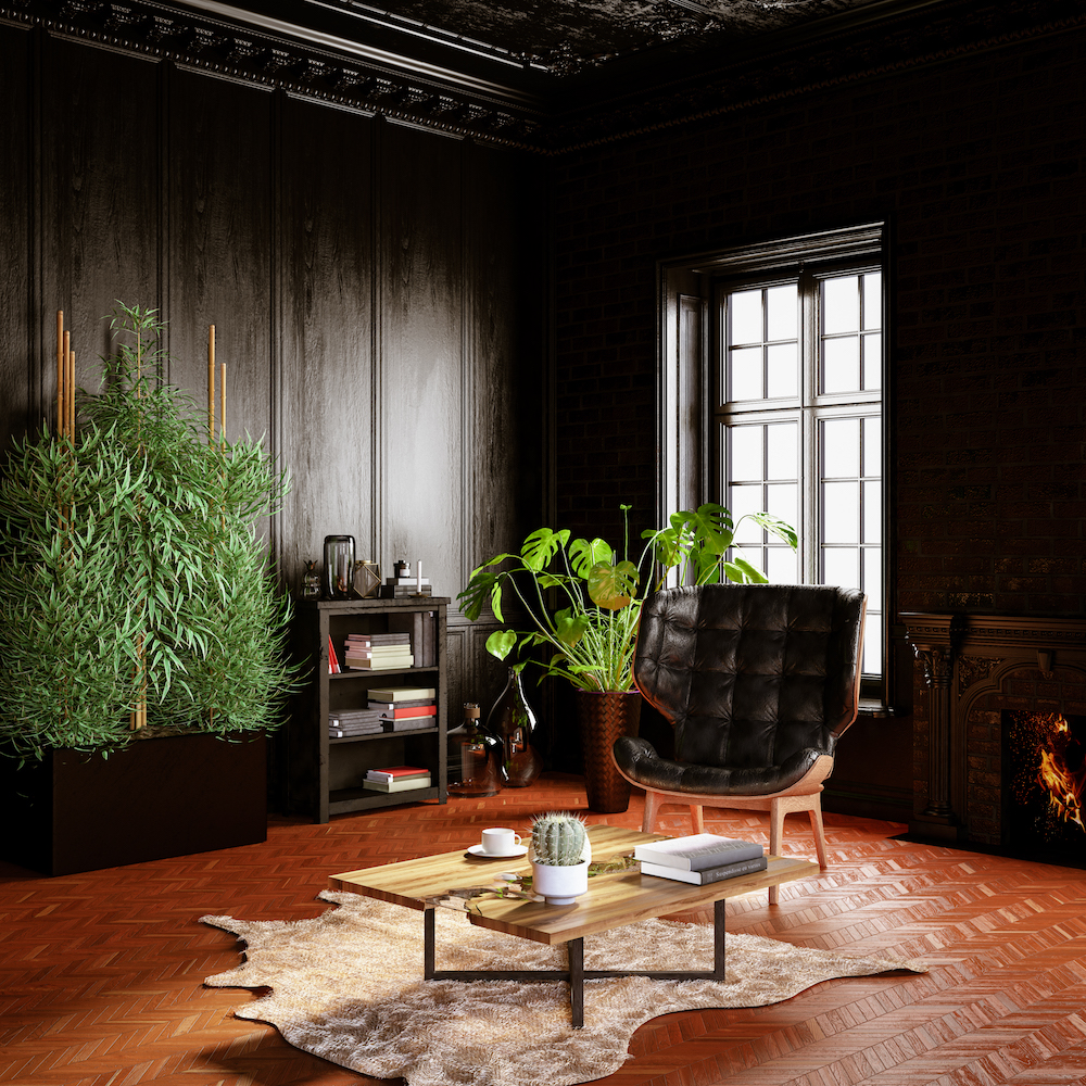 living room with black wall panels, ceiling, trim and furniture