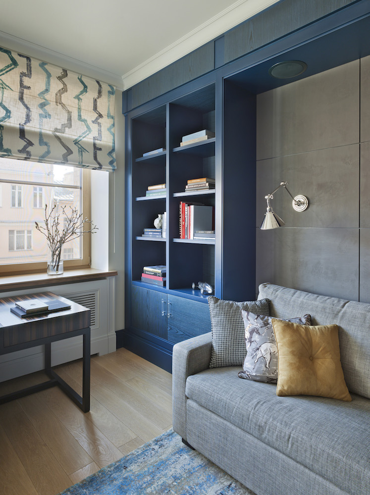 navy-blue built-in shelves