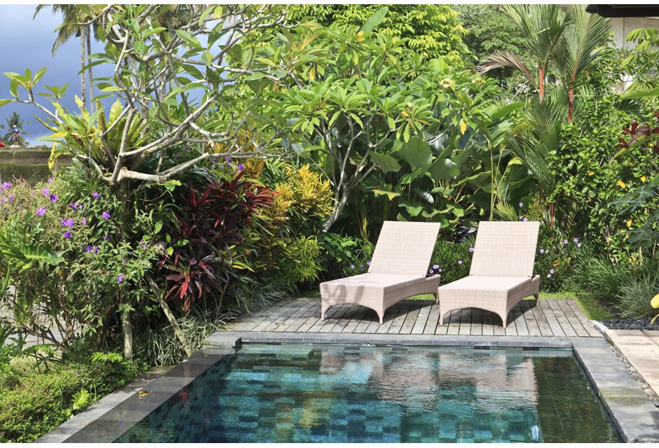 Tiled pool area in the backyard