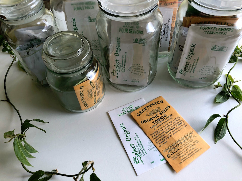 glass jars filled with vegetable seeds