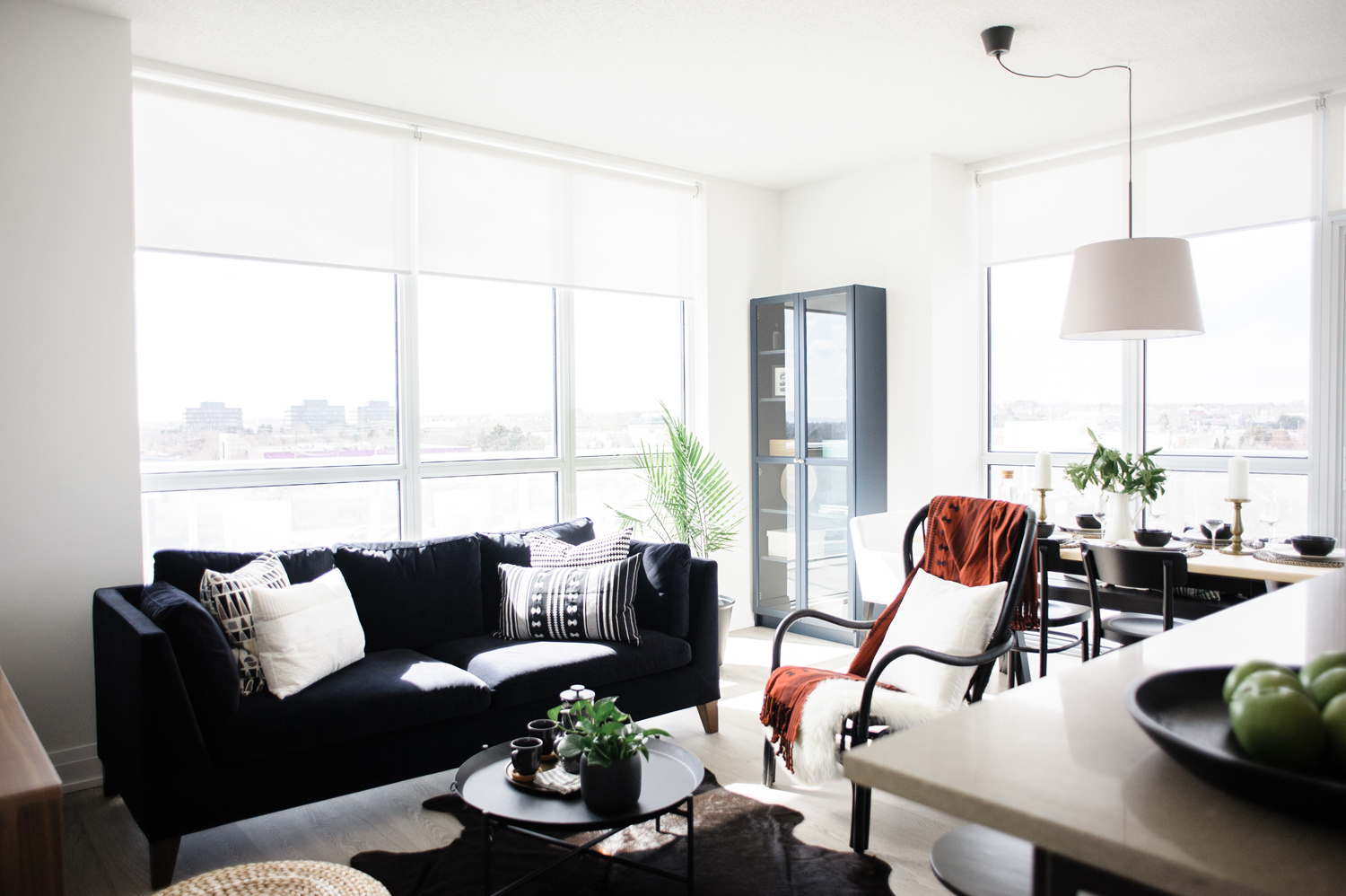 Contemporary black and white living room with a red throw