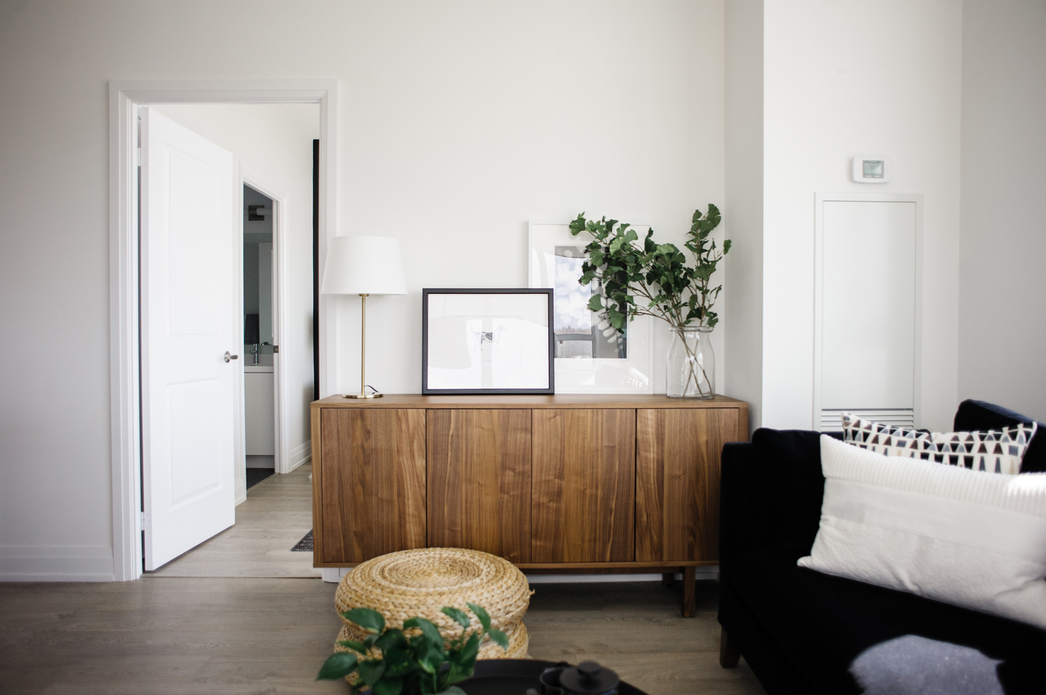 Wood credenza with artwork and plants