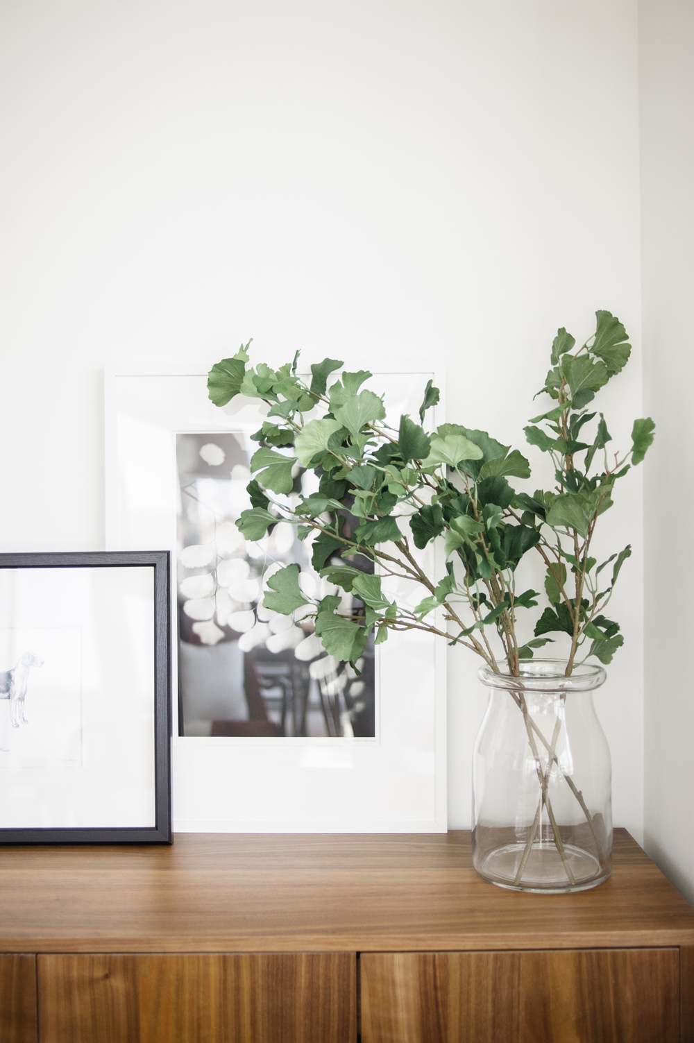 Green leaves in a jar on top of a living room sideboard