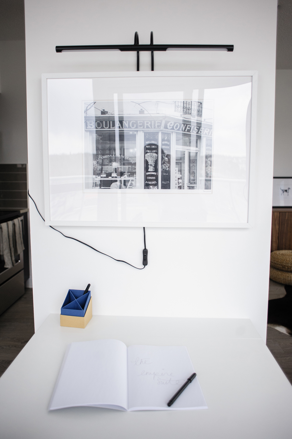 Desk with notebook and pens