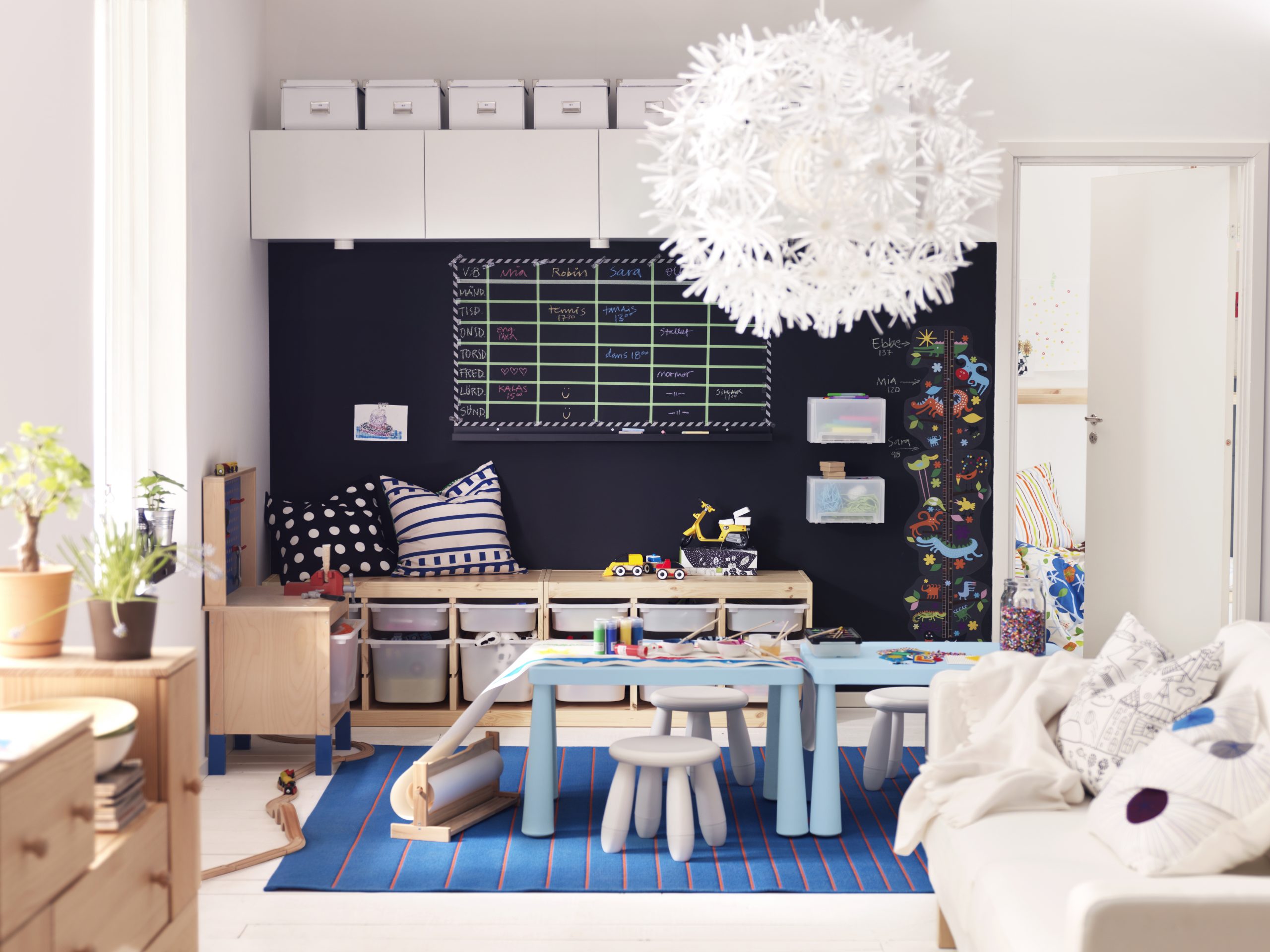 Chalkboard wall in playroom/living area from IKEA