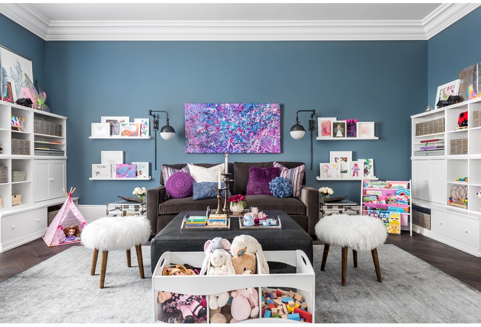 Blue and white living room with play area