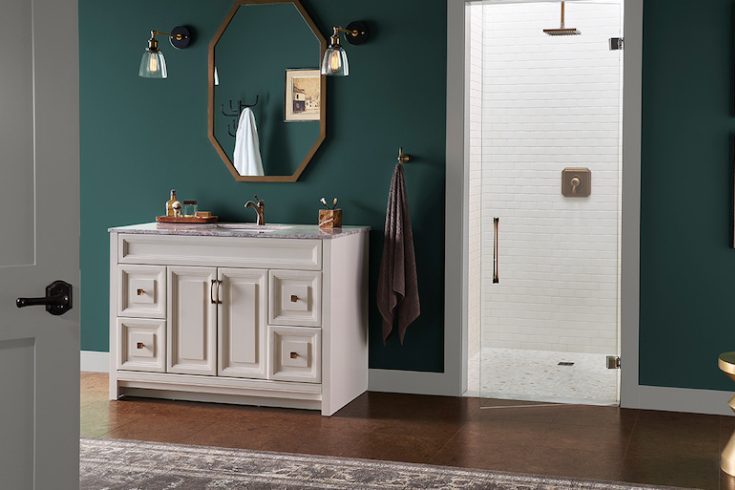 spacious bathroom with deep-teal walls, a white-tile shower and white vanity