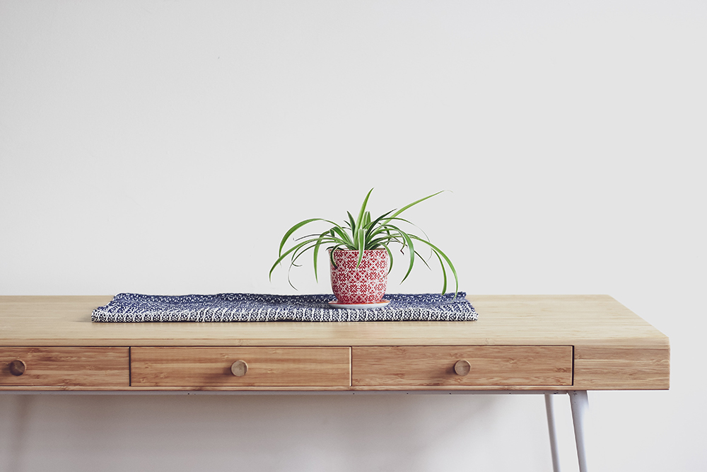 Spider plant in a red patterned pot on a wooden table.