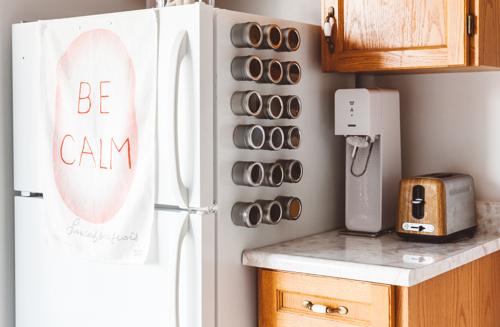 A fridge with magnetic spice racks on its side