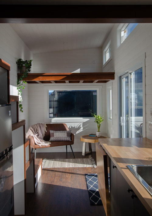 living room in white tiny house