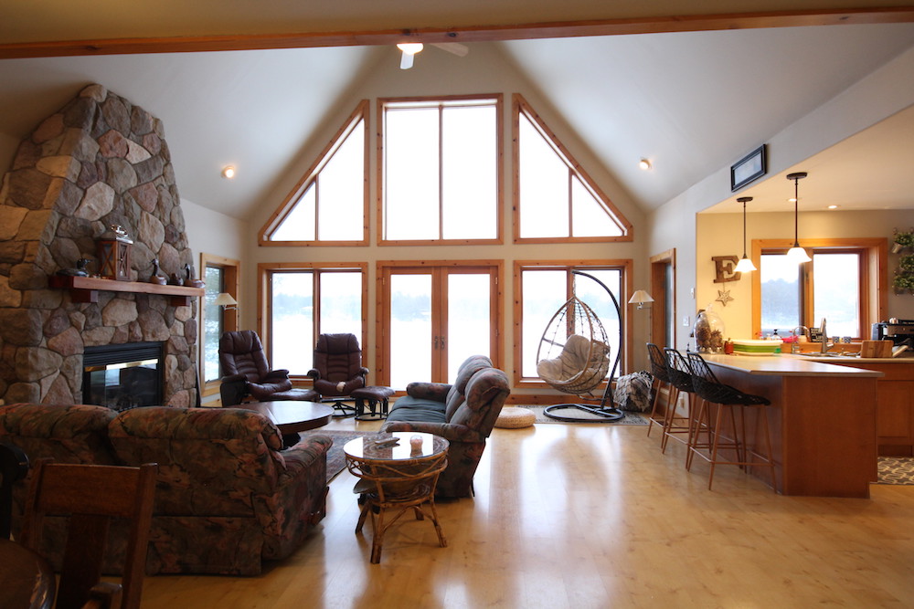 A-frame window in cottage living room