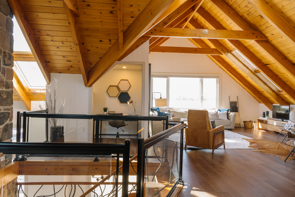 Wood cottage upstairs with seating area and study space