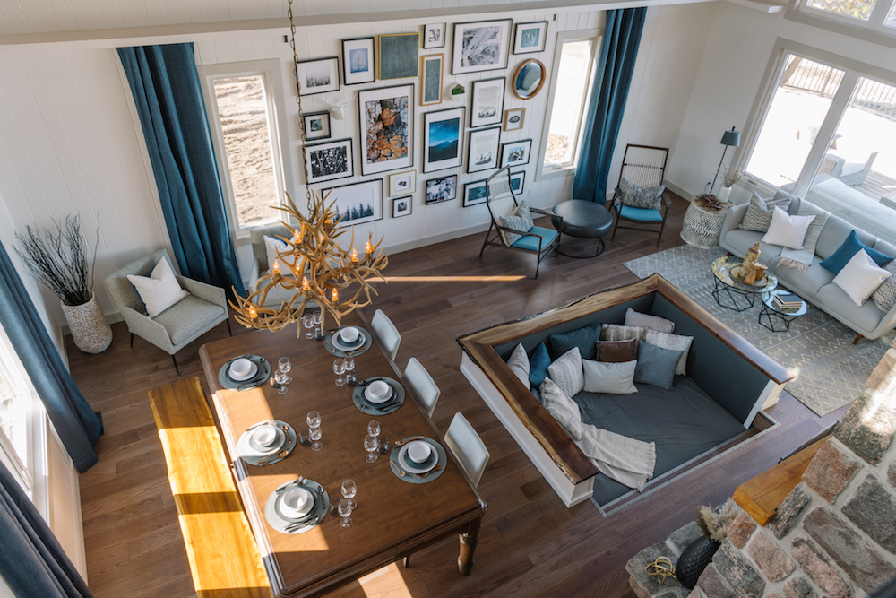 Overhead view of sunken couch in vacation house living room