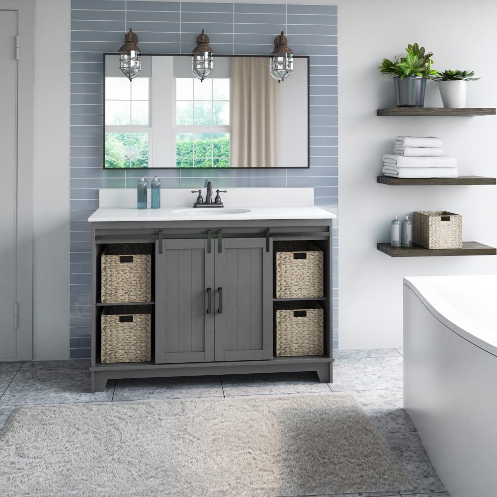 Grey vanity with open storage in bathroom