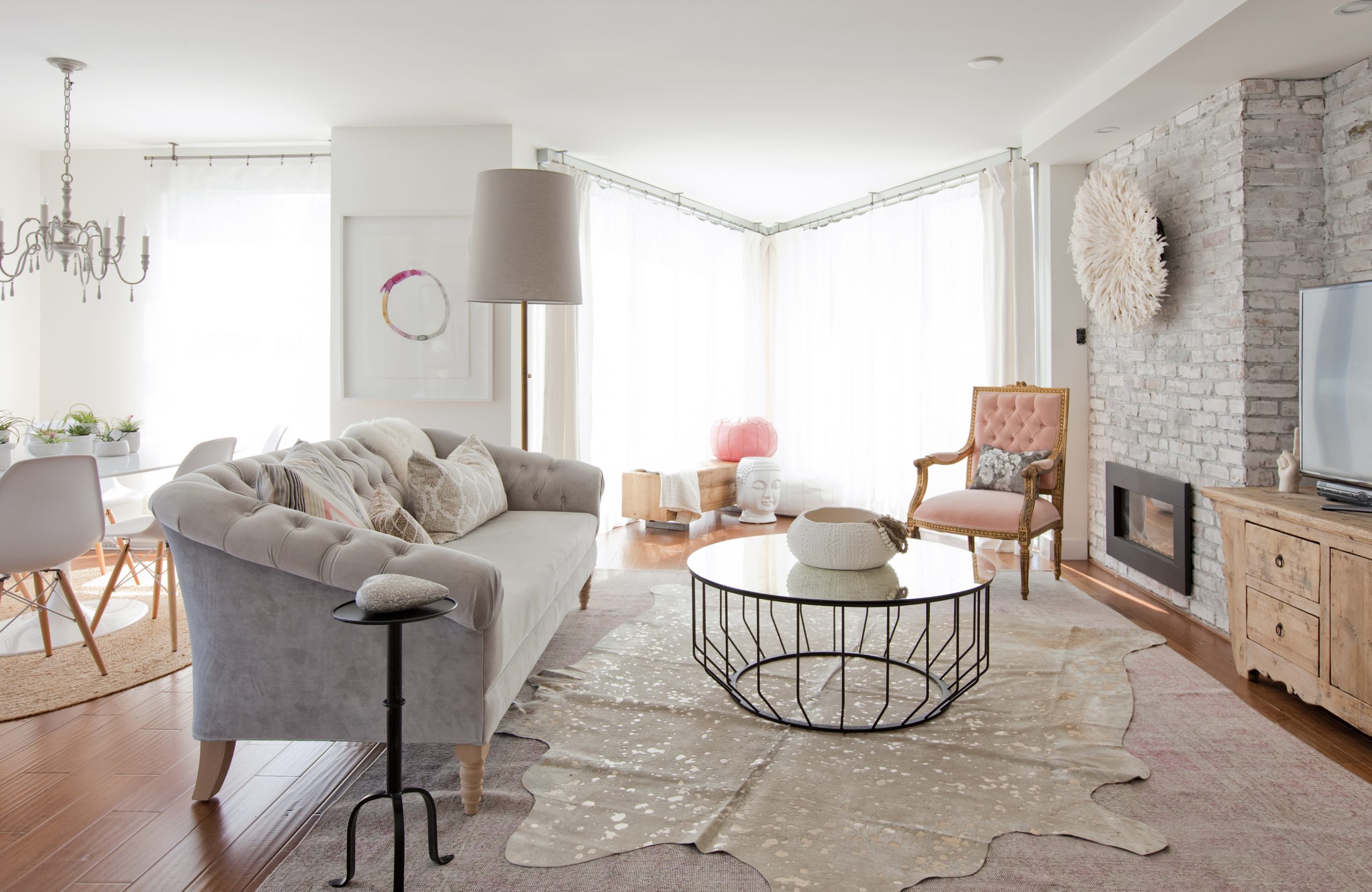 Feminine grey and pink living space.