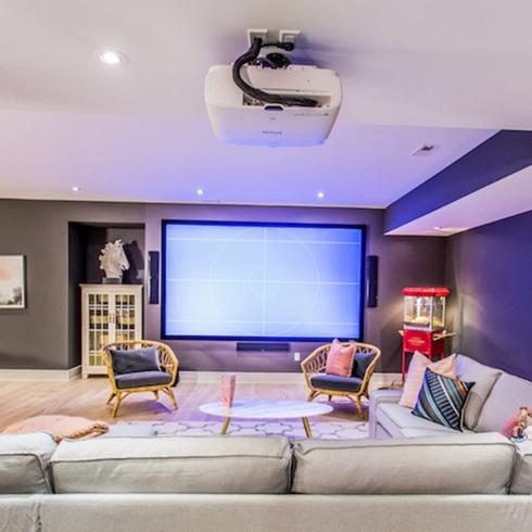 A home theatre in a basement