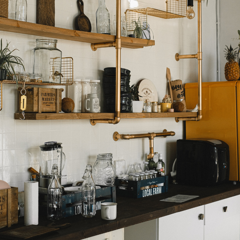 Rustic wood open shelving in kitchen