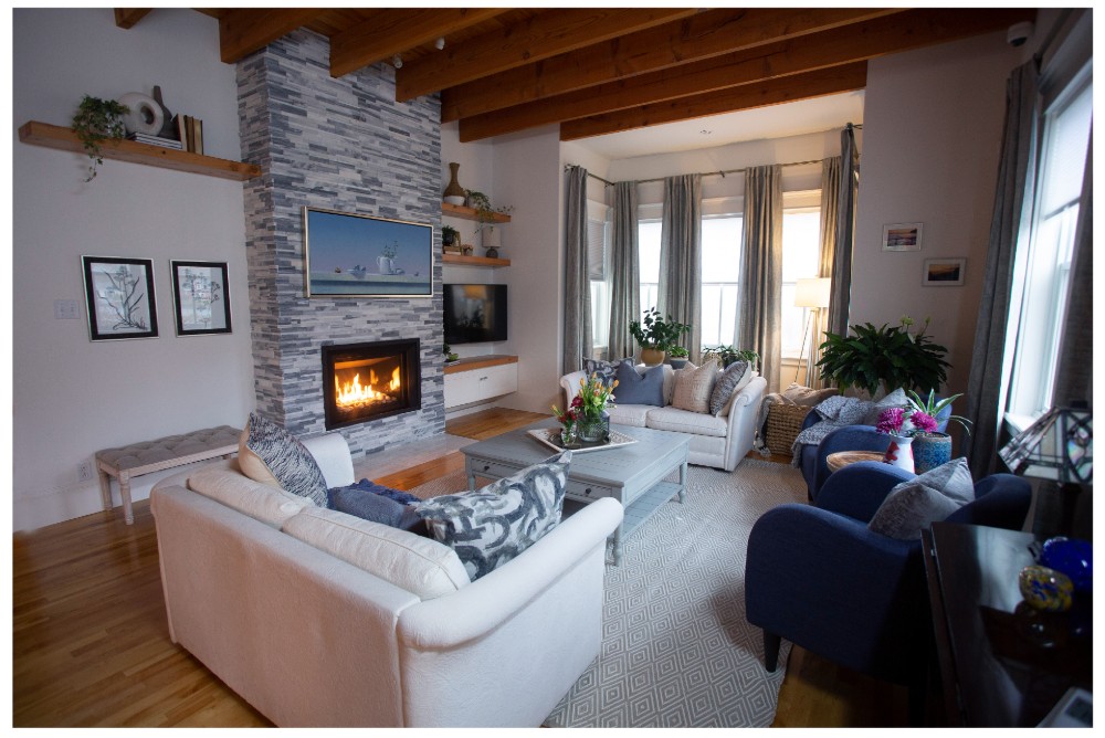 Modern living room with mosaic tile fireplace