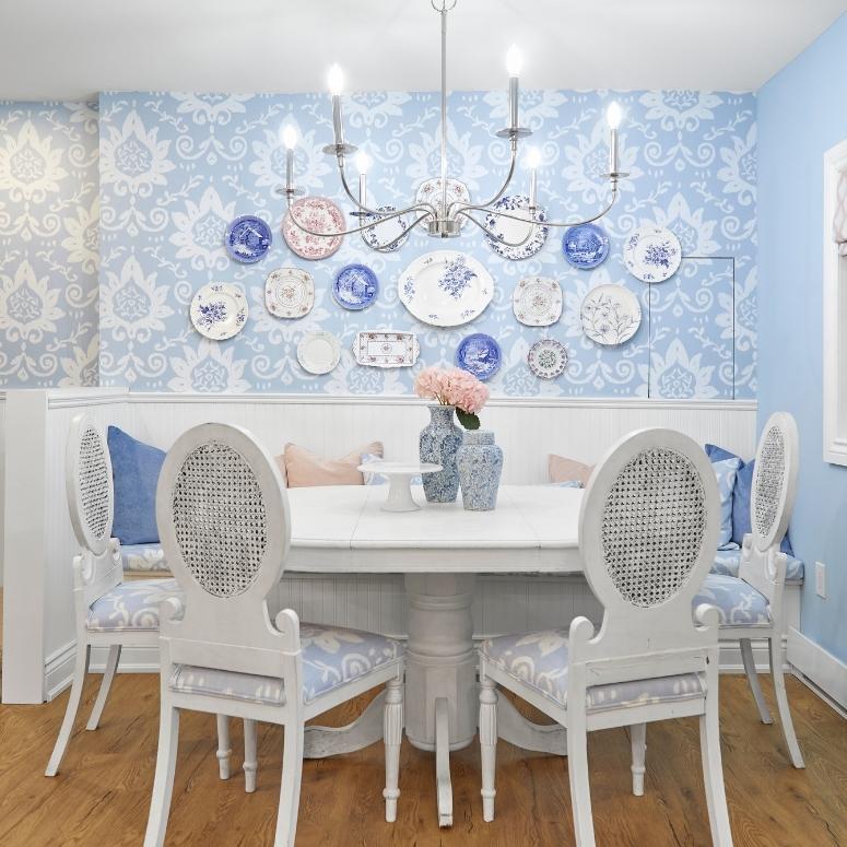 Farmhouse dining era with light blue walls