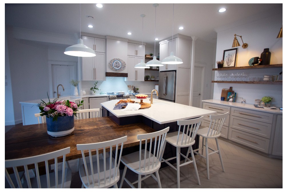 Modern white farmhouse kitchen with a large island