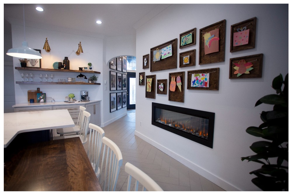 Children's art wall in a kitchen